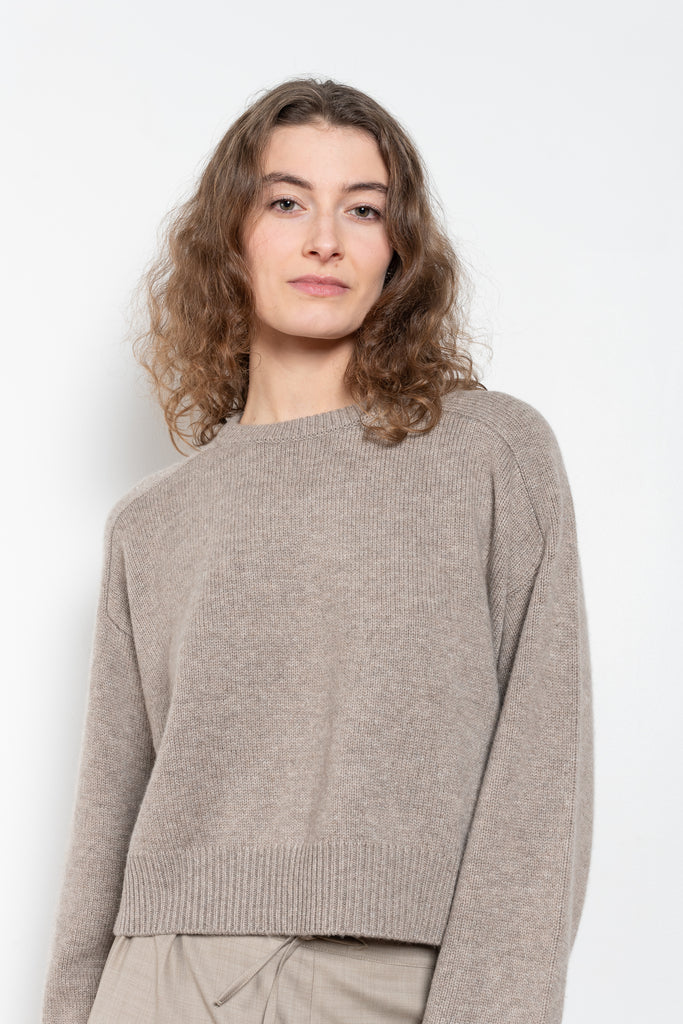 The Bruzzi Sweater by Loulou Studio is an round neck sweater with an ample cropped fit in a wool and cashmere blend