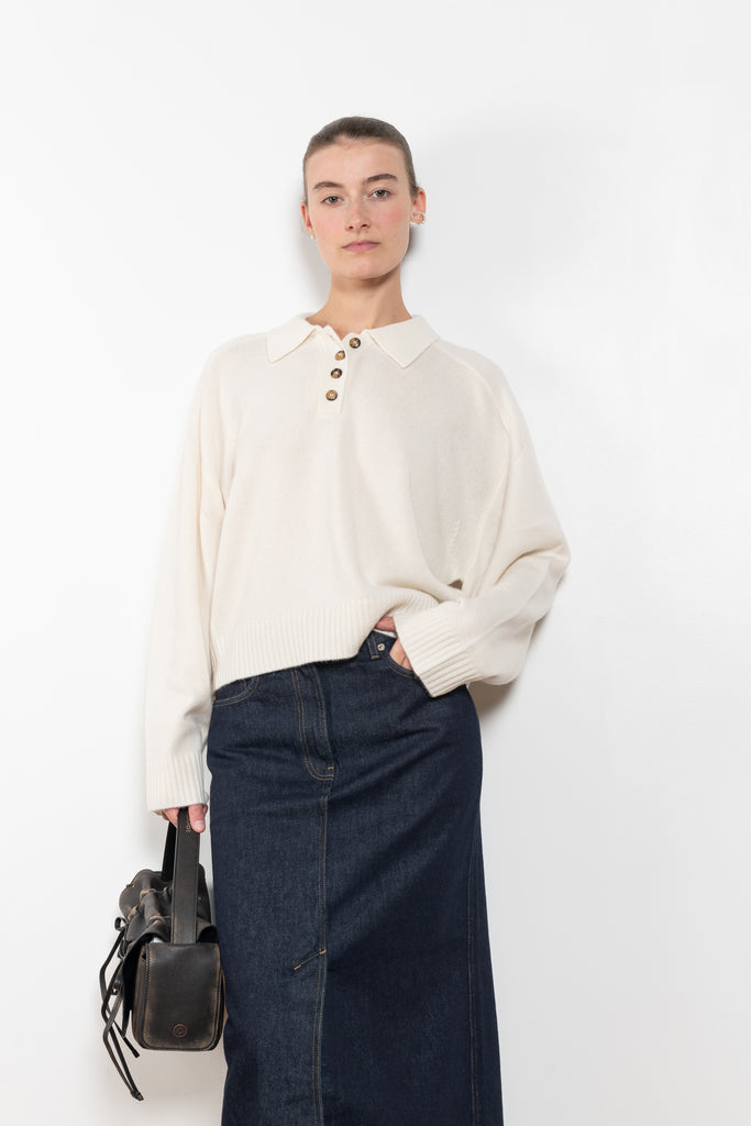 The Homere Sweater by Loulou Studio is a cashmere sweater with an ample fit and polo inspired collar