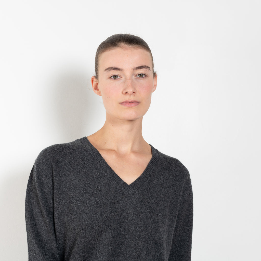 The Serafini Vneck by Loulou Studio is a loose V neck sweater in a soft cashmere
