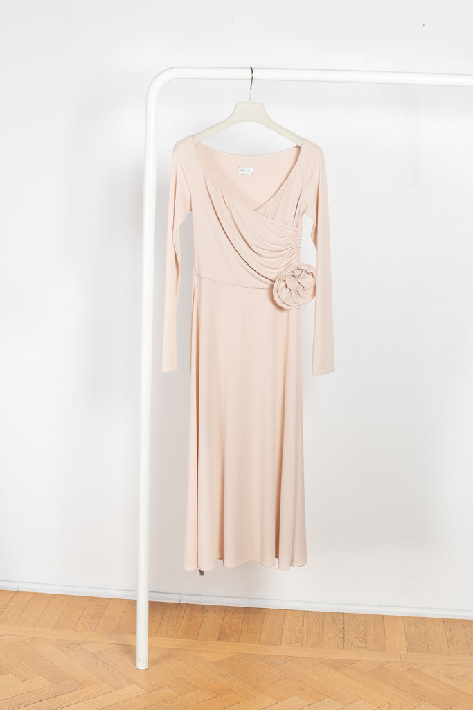 The Jersey Wrap Dress 21 by Magda Butrym is an elegant wrap dress with a v neck ballerina neckline, long off the shoulder sleeves, and an a-line midi skirt