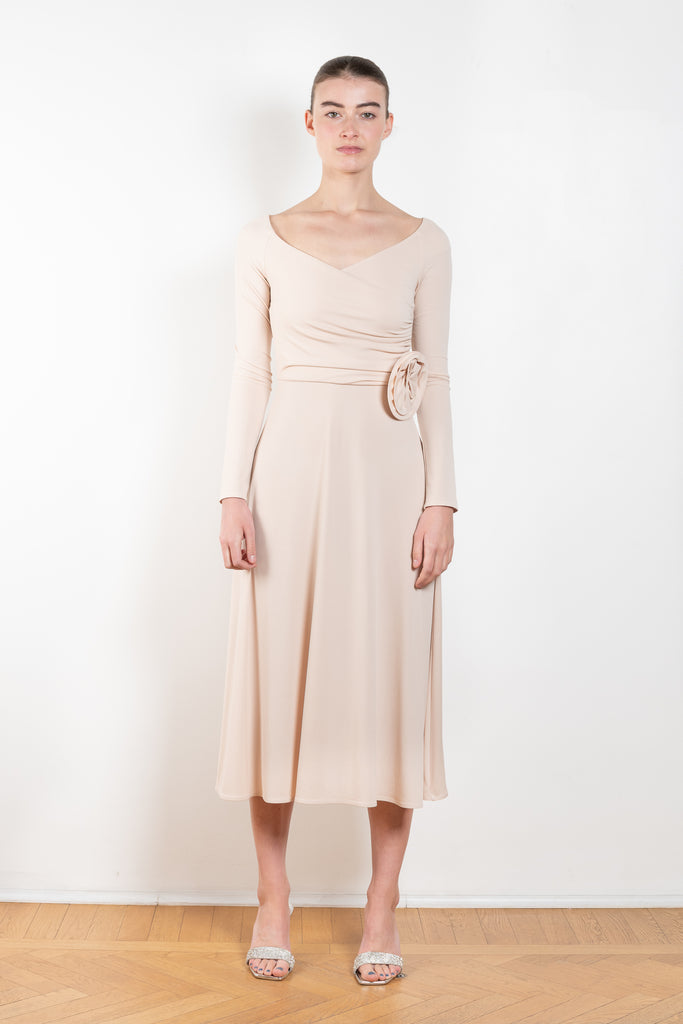 The Jersey Wrap Dress 21 by Magda Butrym is an elegant wrap dress with a v neck ballerina neckline, long off the shoulder sleeves, and an a-line midi skirt