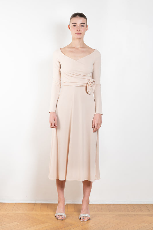 The Jersey Wrap Dress 21 by Magda Butrym is an elegant wrap dress with a v neck ballerina neckline, long off the shoulder sleeves, and an a-line midi skirt