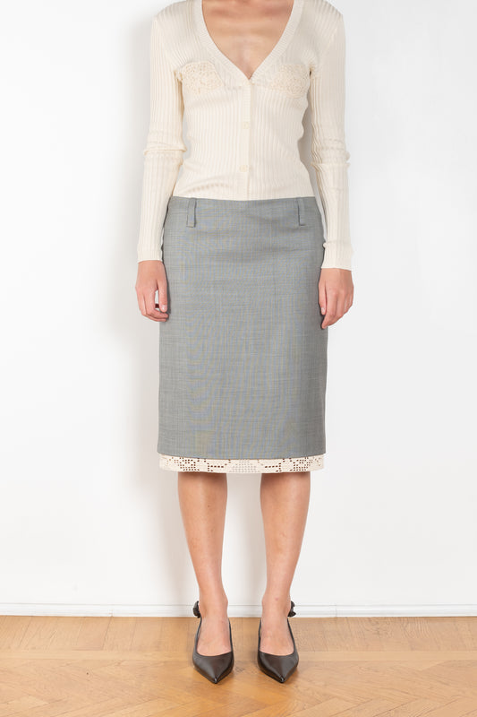 The Lace Trim Skirt by Magda Butrym is a wool low waist pencil skirt with a signature crochet trim