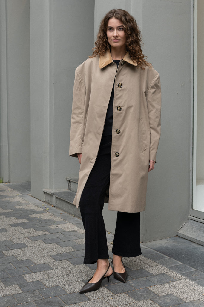 The Mac Coat by Meryll Rogge is an oversized cotton coat with an exaggerated shoulder line and a corduroy collar