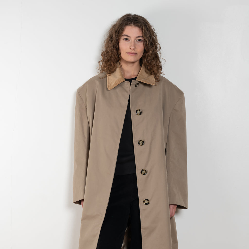 The Mac Coat by Meryll Rogge is an oversized cotton coat with an exaggerated shoulder line and a corduroy collar