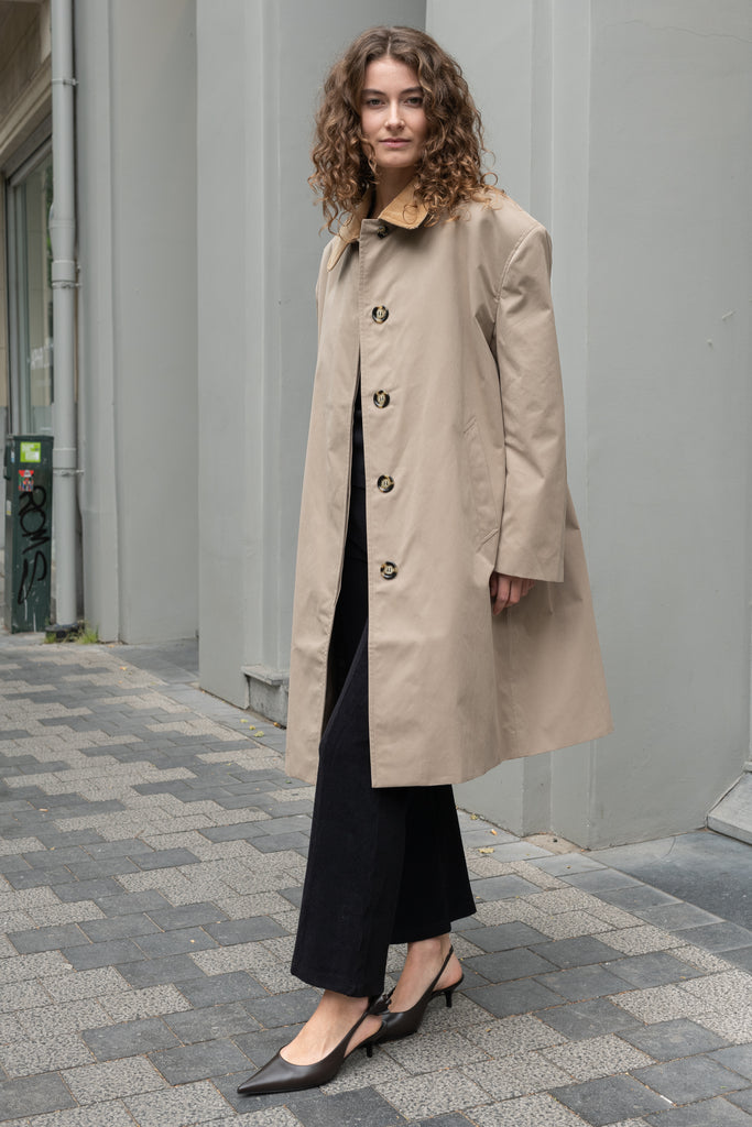 The Mac Coat by Meryll Rogge is an oversized cotton coat with an exaggerated shoulder line and a corduroy collar