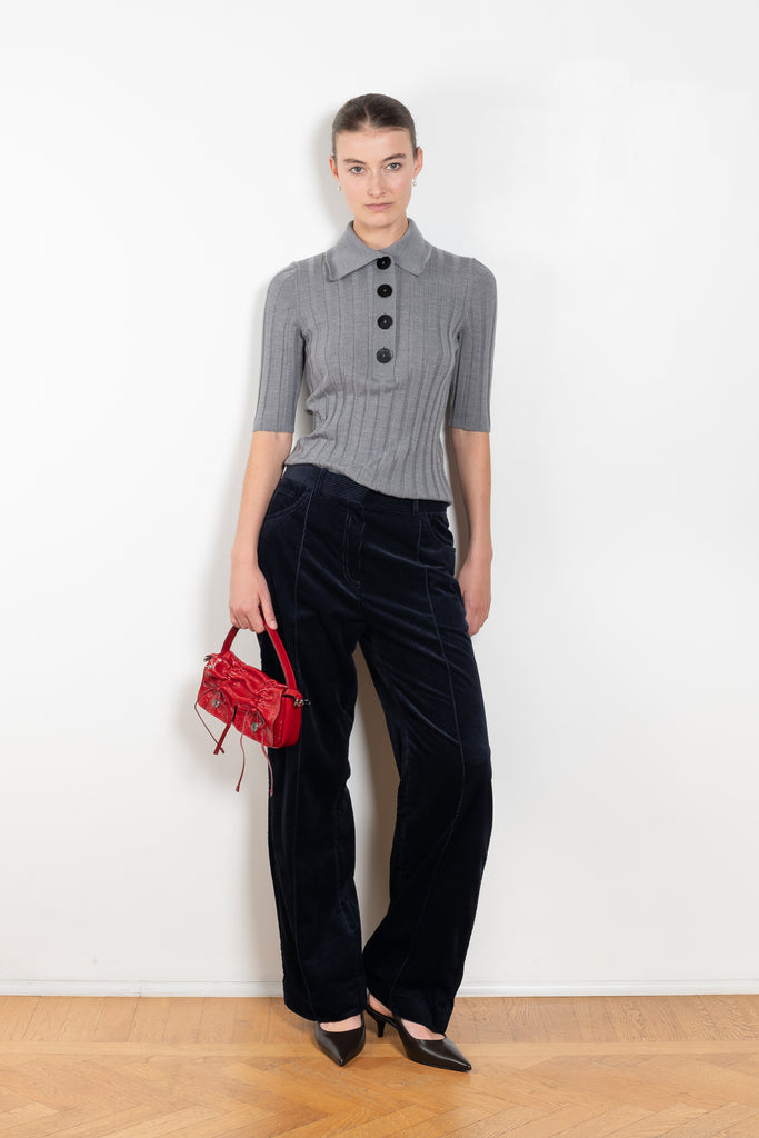 The Downtown Pant by Nackiye is a straight trouser with front pin tuck details in a deep midnight ribbed velvet