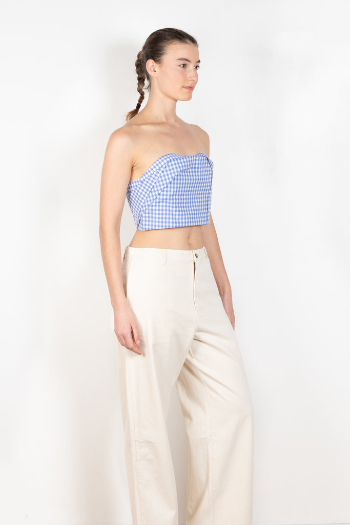 The Forbidden Bustier by Nackiye is a cotton bustier top with a corset finish in a blue vichy check