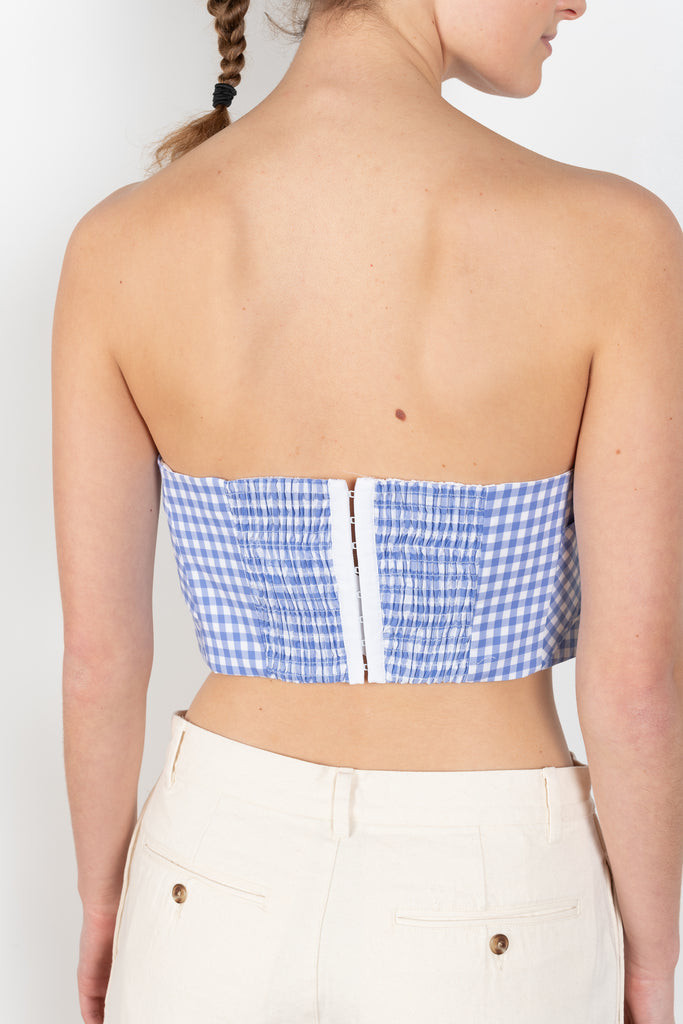 The Forbidden Bustier by Nackiye is a cotton bustier top with a corset finish in a blue vichy check