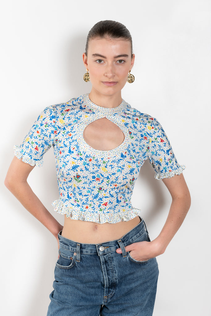 The Floral Cut-out Top by Paco Rabanne is a cropped top in jersey with a front and back cut-out