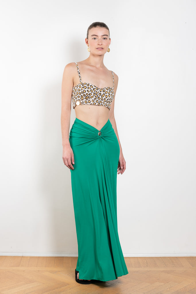 The Long Skirt by Paco Rabanne is a long flowy jersey skirt with a PR embellishment at the waist