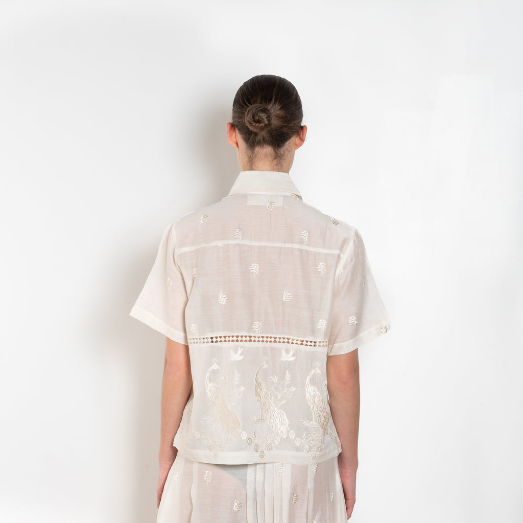 The Ada Shirt by SS Daley is a short sleeved shirt in a cotton voile with a delicate embroidered print