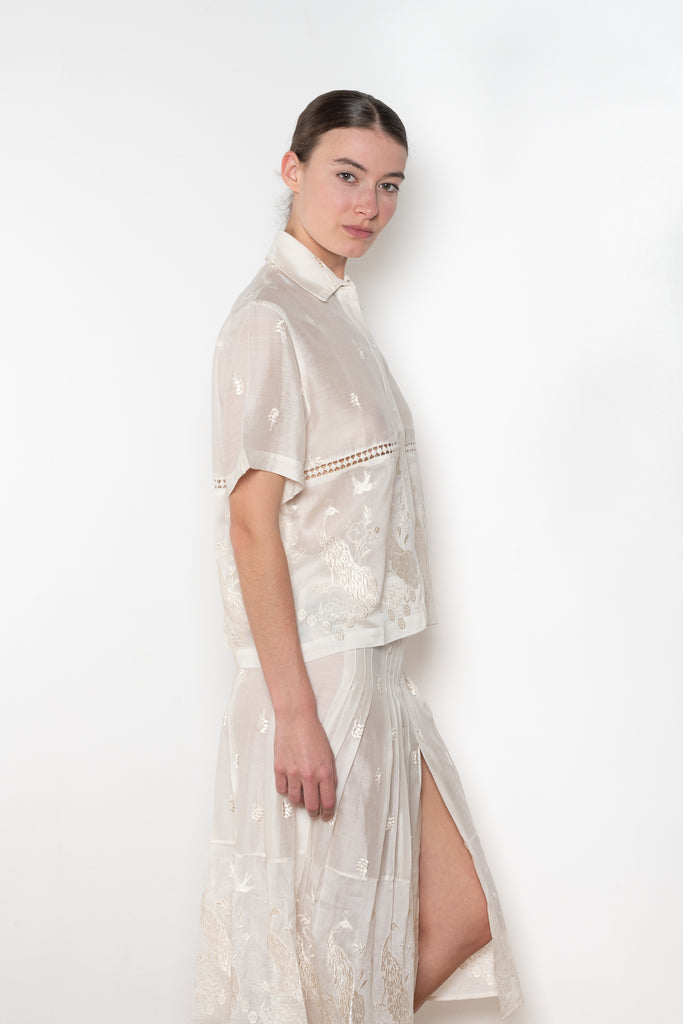 The Ada Shirt by SS Daley is a short sleeved shirt in a cotton voile with a delicate embroidered print