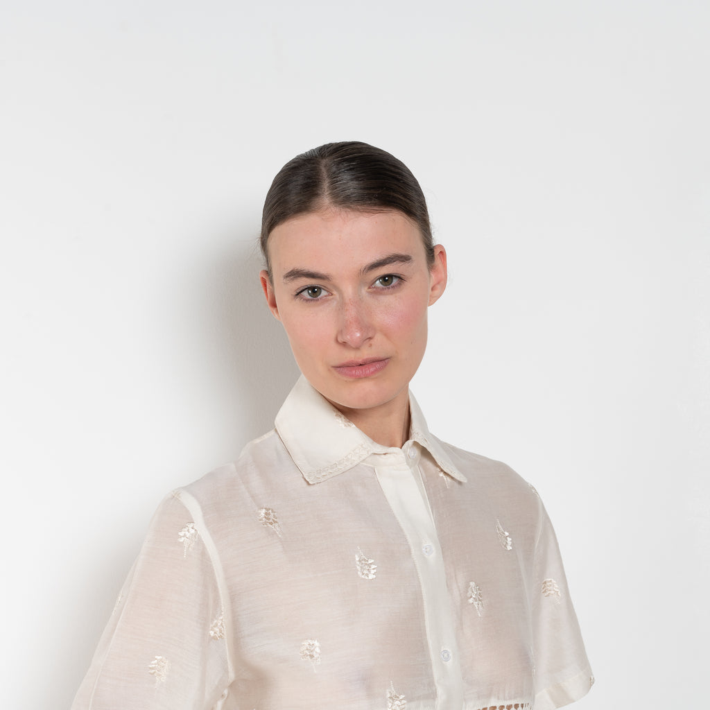 The Ada Shirt by SS Daley is a short sleeved shirt in a cotton voile with a delicate embroidered print