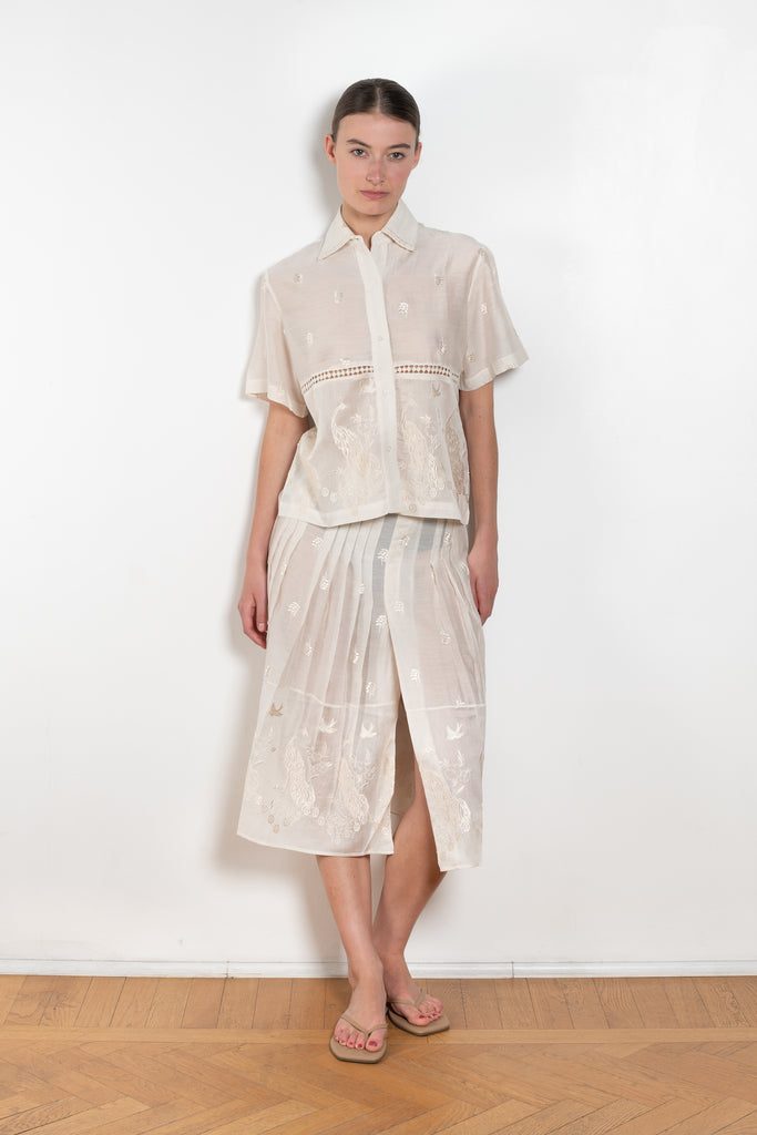 The Ada Shirt by SS Daley is a short sleeved shirt in a cotton voile with a delicate embroidered print