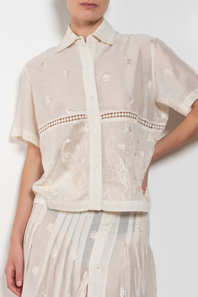 The Ada Shirt by SS Daley is a short sleeved shirt in a cotton voile with a delicate embroidered print