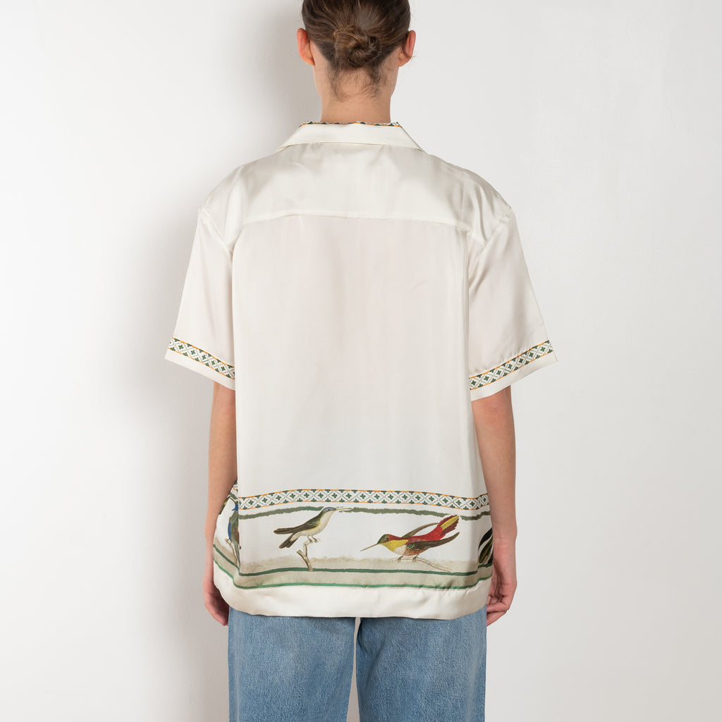 The Birdwatcher Shirt by SS Daley is a short sleeved silk shirt with a bird print