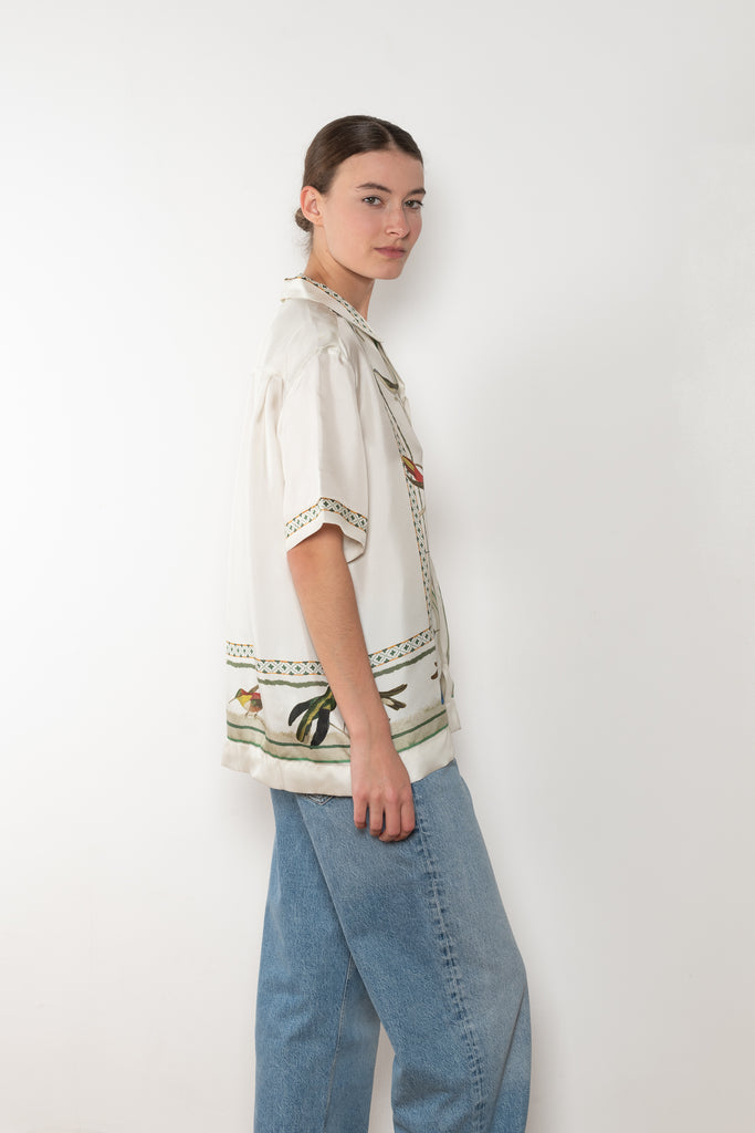 The Birdwatcher Shirt by SS Daley is a short sleeved silk shirt with a bird print
