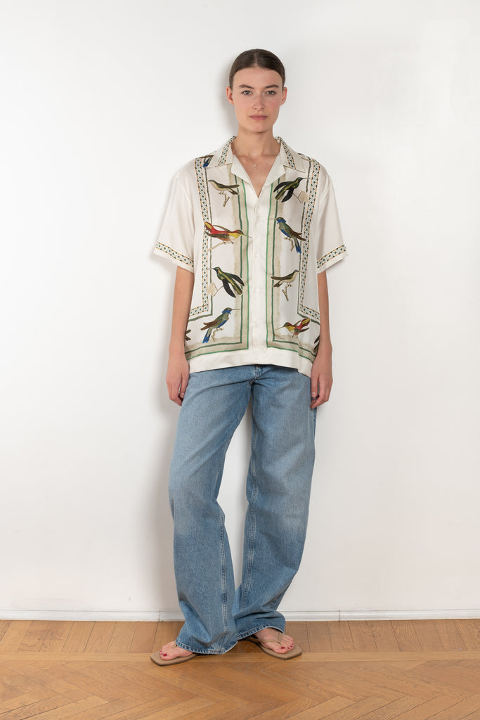 The Birdwatcher Shirt by SS Daley is a short sleeved silk shirt with a bird print