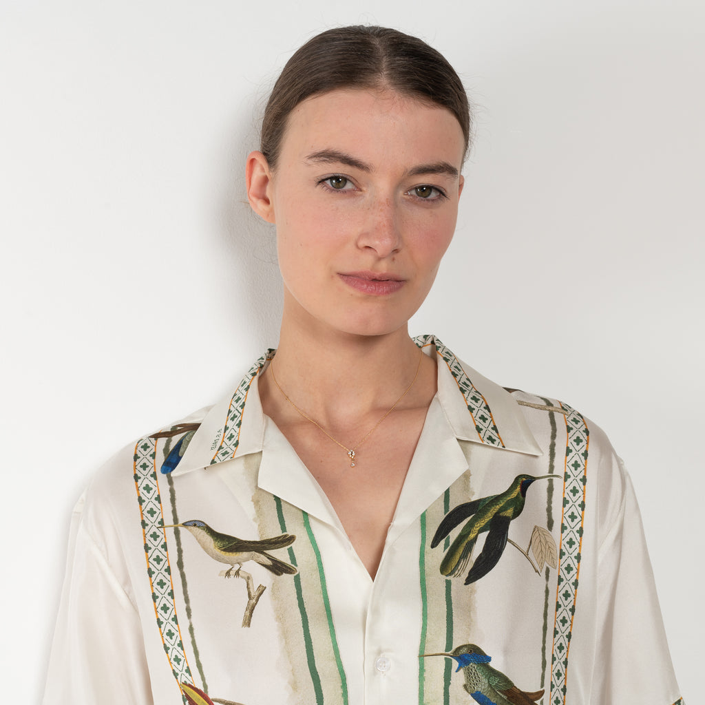 The Birdwatcher Shirt by SS Daley is a short sleeved silk shirt with a bird print