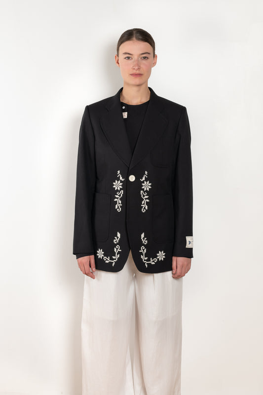 The Georgina Jacket by SS Daley is a single breasted blazer jacket with a delicate contrasted embroidered print