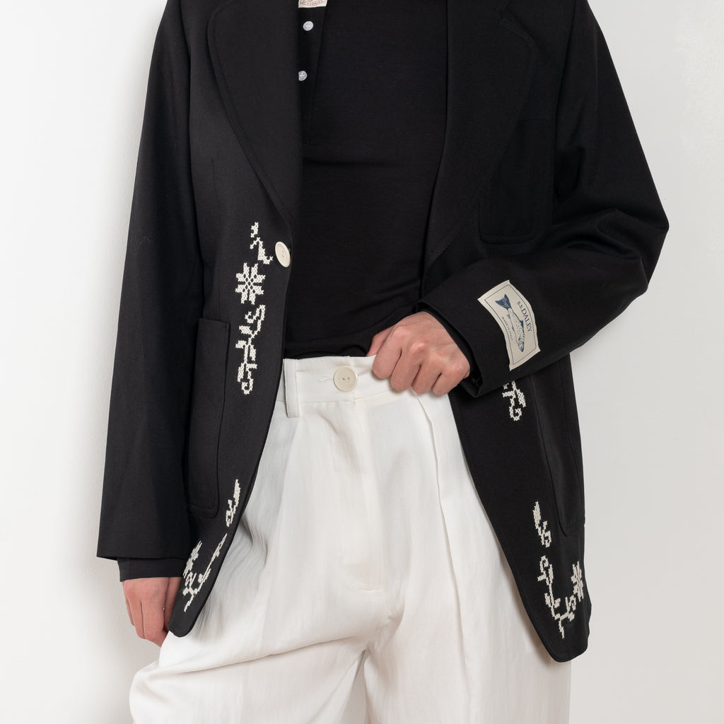 The Georgina Jacket by SS Daley is a single breasted blazer jacket with a delicate contrasted embroidered print