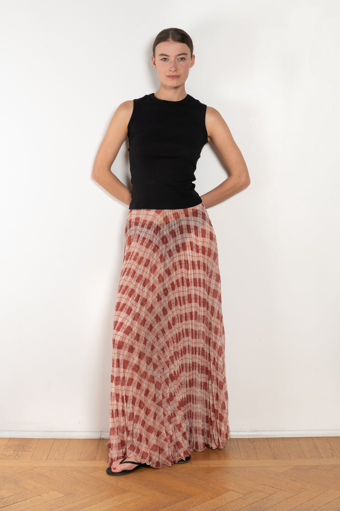 The Kate Pleated Skirt by SS Daley is a long pleated skirt in a silk voile with a delicate check print