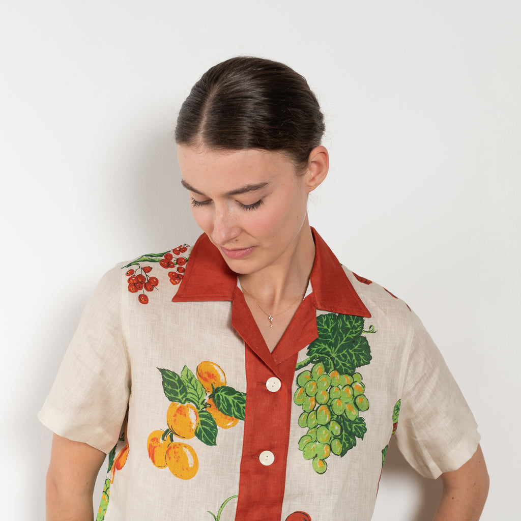 The Picnic Shirt by SS Daley is a short sleeved linen shirt with a estival fruit print