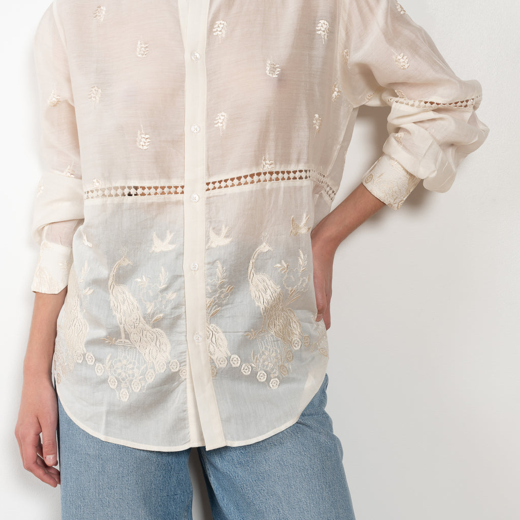 The Ada LS Shirt by SS Daley is a long sleeved shirt in a cotton voile with a delicate embroidered print