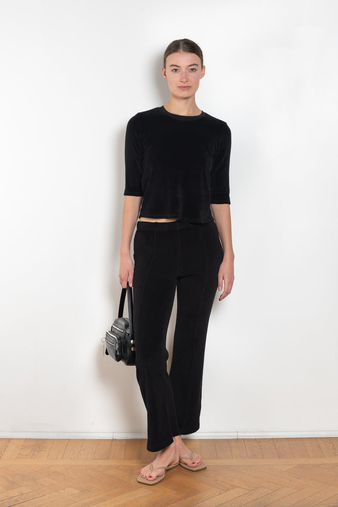 The Fili Kick Flare by Suzie Kondi is a low rise kick flare trouser in terry with a cropped leg