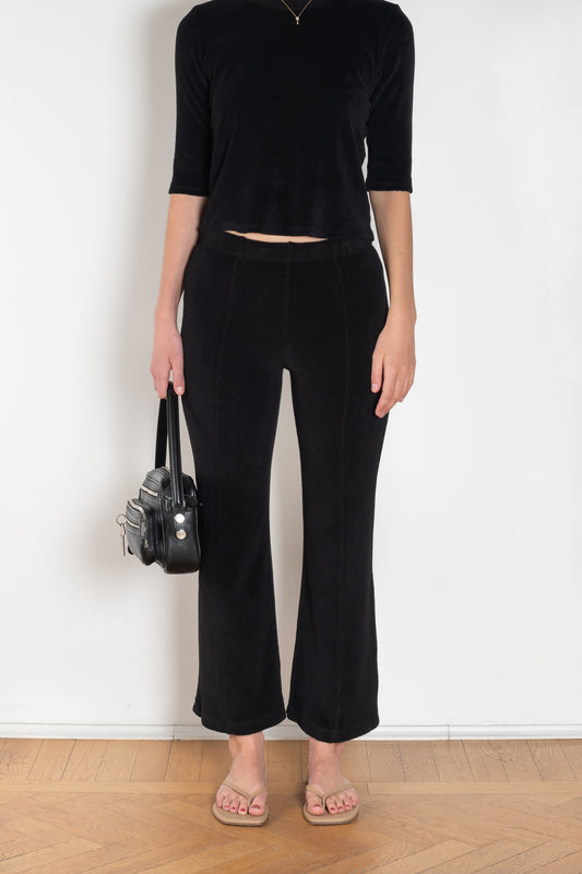 The  Fili Kick Flare by Suzie Kondi is a low rise kick flare trouser in terry with a cropped leg