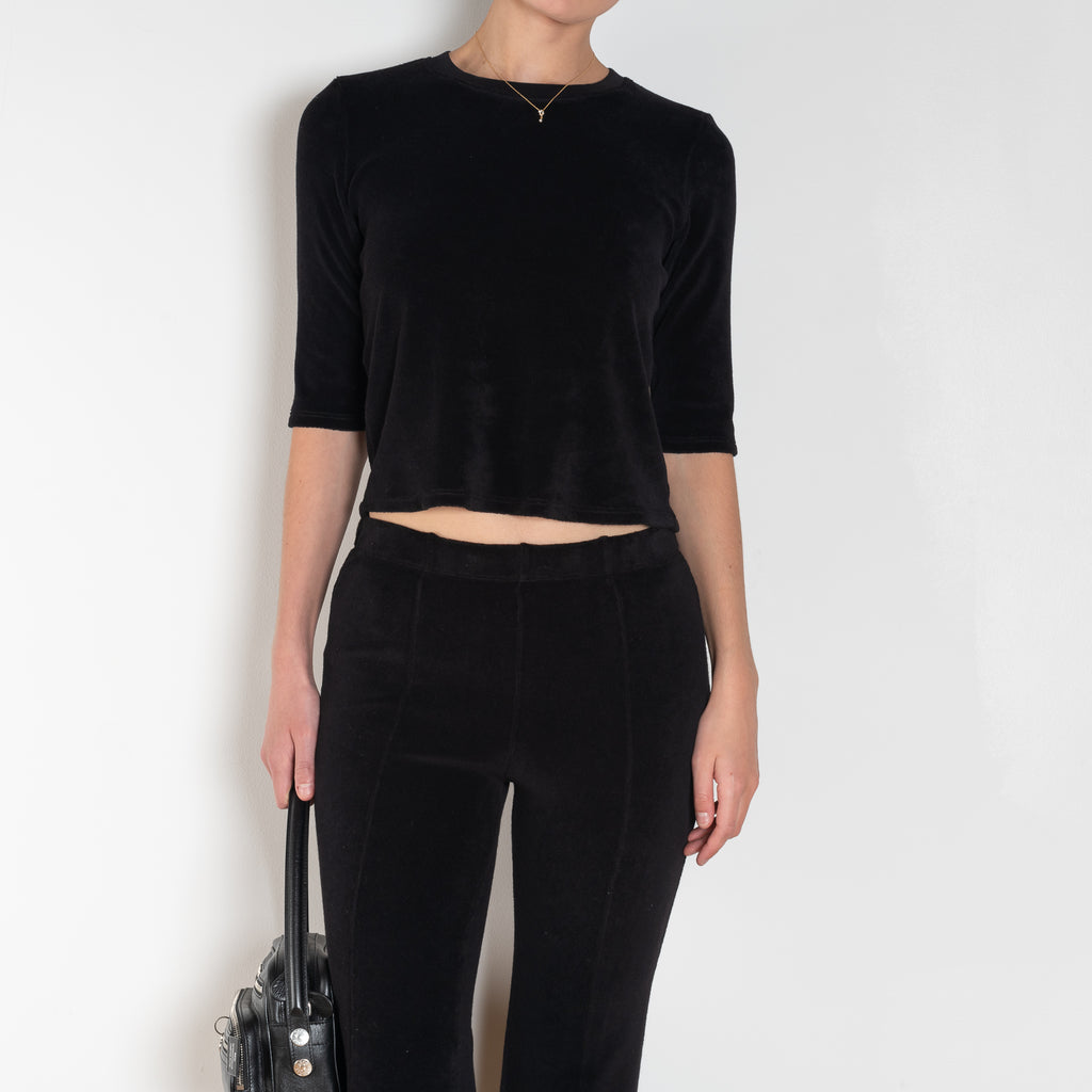 The Fili Kick Flare by Suzie Kondi is a low rise kick flare trouser in terry with a cropped leg