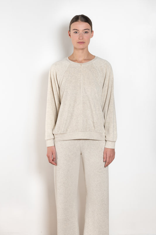 The Samos Sweatshirt by Suzie Kondi is a oversized terry sweatshirt with a generous fit, and softly ribbed comfy sleeves