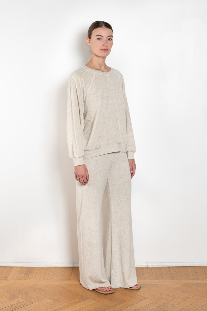 The Lito Low Rise by Suzie Kondi is a low rise trouser in terry with a long wide leg