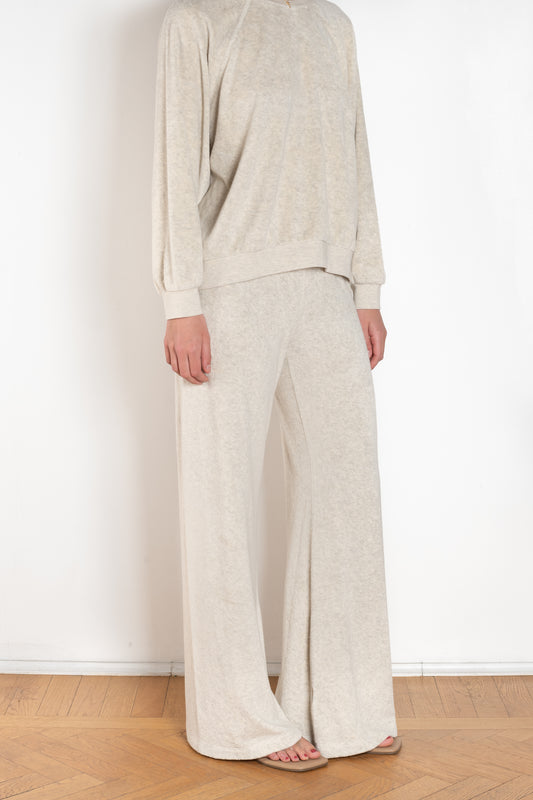 The Lito Low Rise by Suzie Kondi is a low rise trouser in terry with a long wide leg