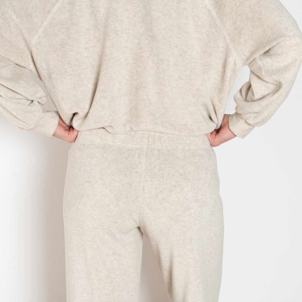 The Lito Low Rise by Suzie Kondi is a low rise trouser in terry with a long wide leg