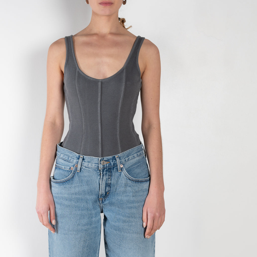 The Elna Bodysuit by Agolde is a tank style body with a corset-inspired ribbing throughout the body