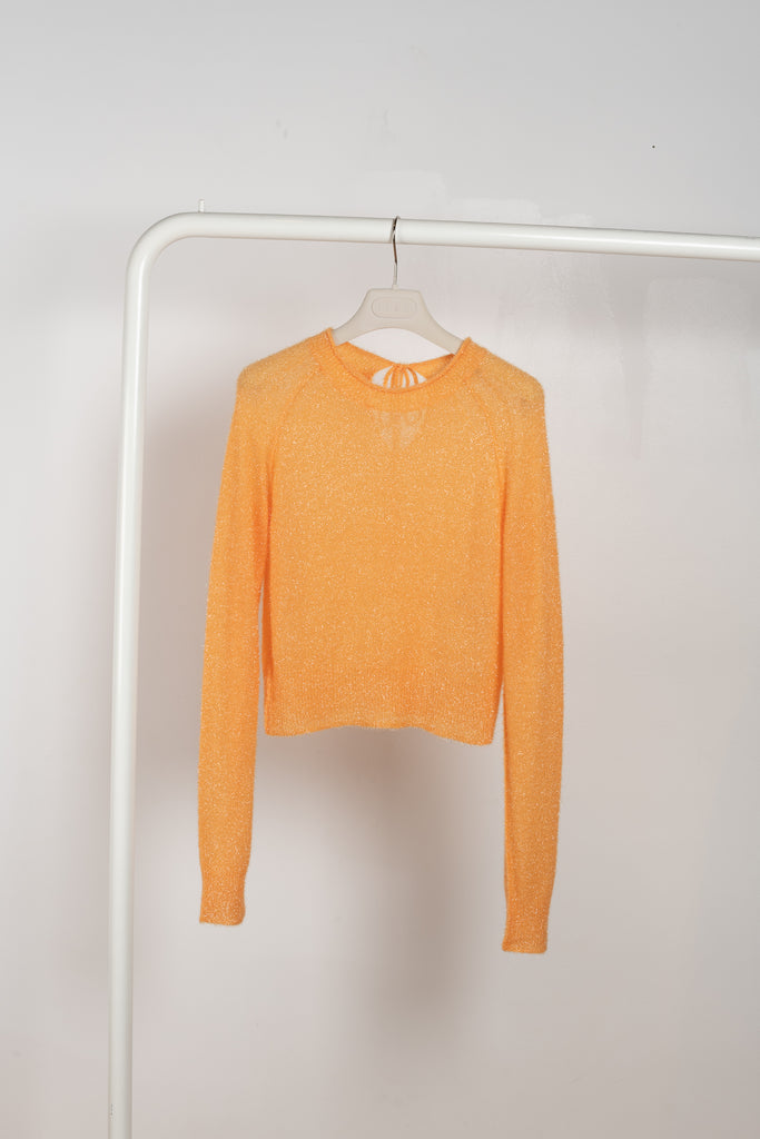 The Sparkly Crew Neck Sweater 480 by Acne Studios is a lightweight sweater with a cut-out detailing with tie-up closure on the back and a glistening effect