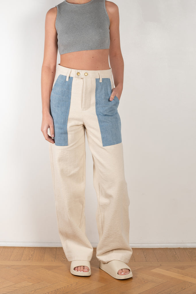 The Mix Chino Pants by B SIDES  is a high waisted trouser in a soft brushed cotton with big contrasted blue denim pockets