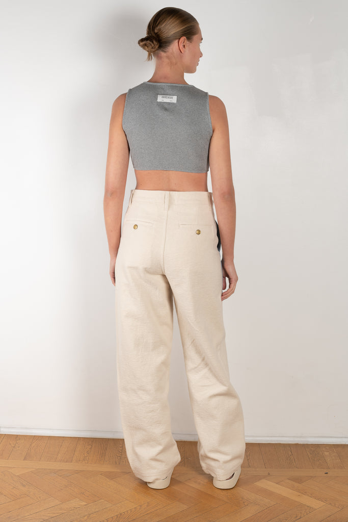 The Mix Chino Pants by B SIDES  is a high waisted trouser in a soft brushed cotton with big contrasted blue denim pockets