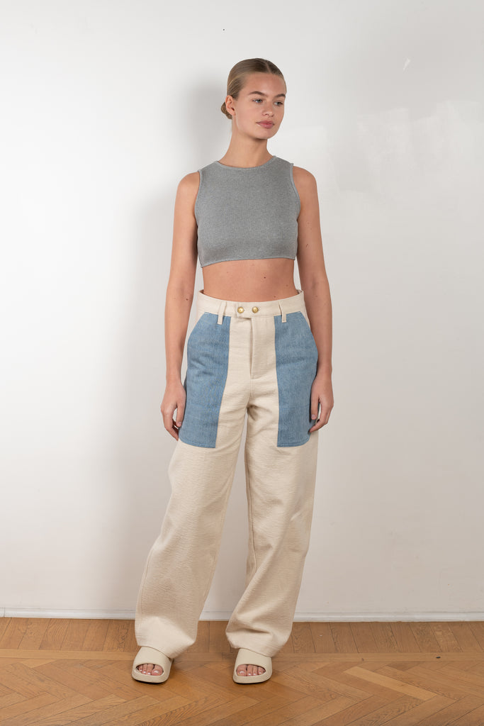 The Mix Chino Pants by B SIDES  is a high waisted trouser in a soft brushed cotton with big contrasted blue denim pockets