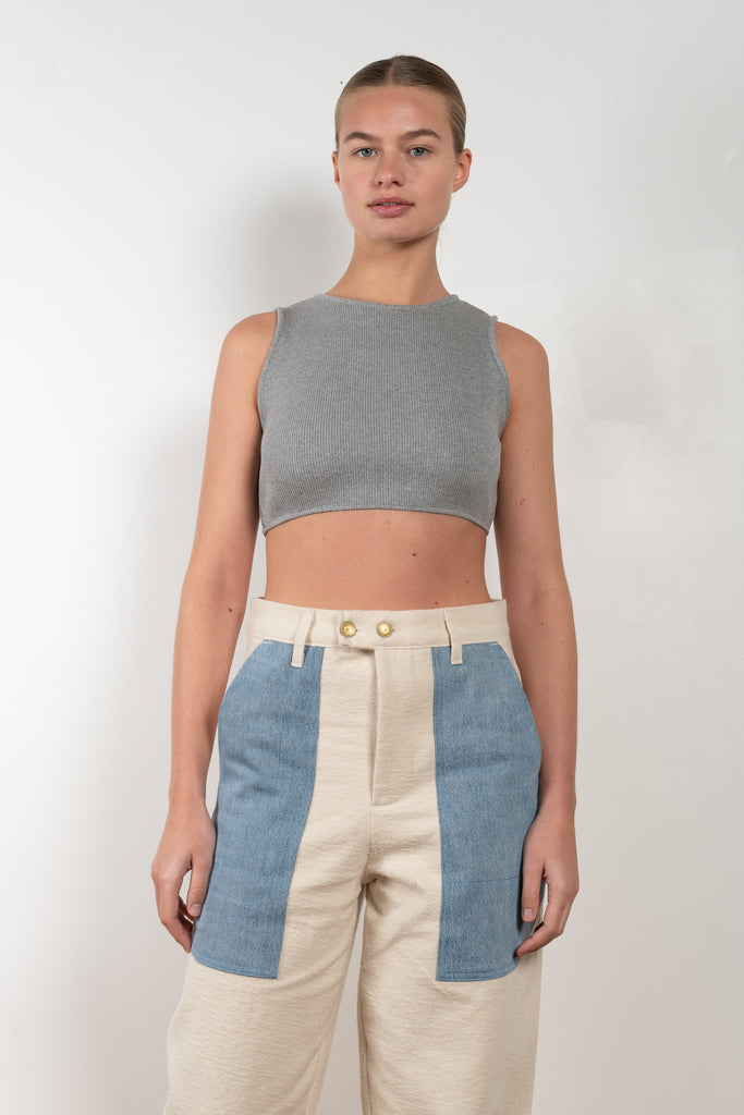 The Mix Chino Pants by B SIDES  is a high waisted trouser in a soft brushed cotton with big contrasted blue denim pockets