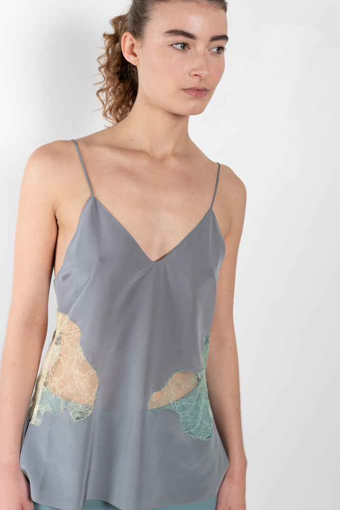 The Silk & Lace Top 0740 by GAUCHERE is a silk camisole with lace cut outs in a subtle color mix