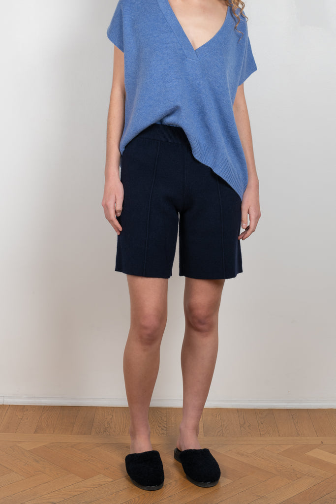 The Maris Short by Lisa Yang have a mid-thigh, wide-leg cut with stitched creases in a thick and soft cashmere