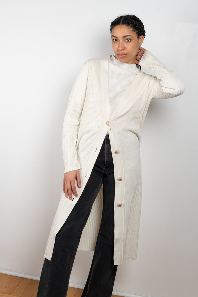 The Sutil Cardigan by Loulou Studio is a long cardigan in a soft ribbed silk and linen blend