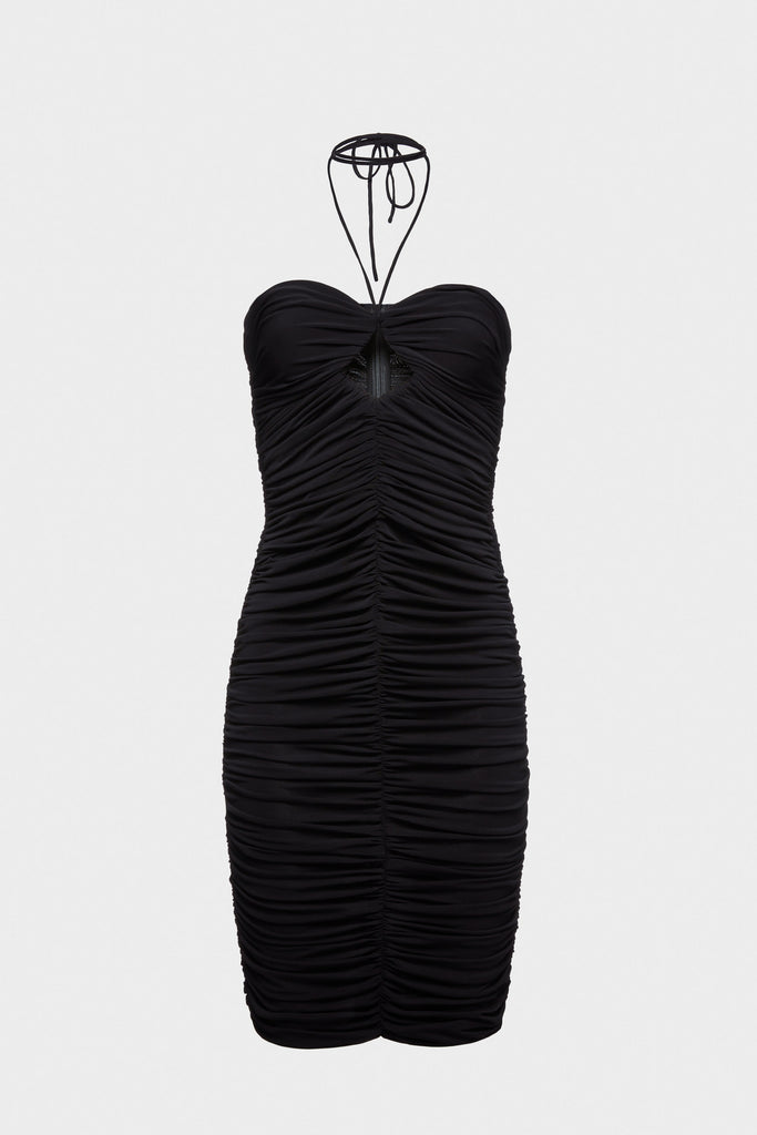 The Ruched Mini Dress 08 by Magda Butrym is a simple, ruched little black dress that hits just above the knee, with strappy halter ties at the neck and a keyhole cutout opening at chest