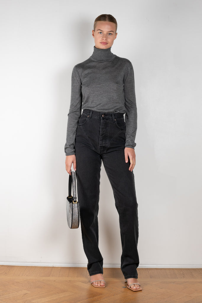 The Stitch Detail Denim is a signature jeans with a  high rise, a straight leg and stitched detailing at the pelvis in front and back to create a unique and feminine shape