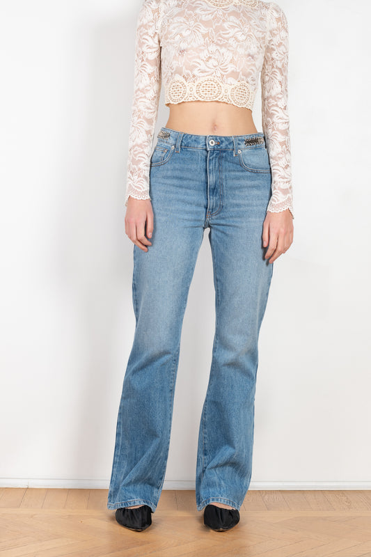 The Embellished Jeans by Paco Rabanne is a straight leg Jeans with embellished discs on the side