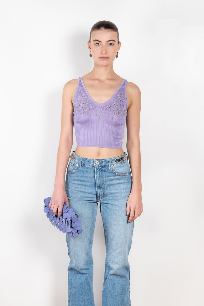 The Studded Top by Paco Rabanne is a delicate lilac top in a fluid viscose with fine studs