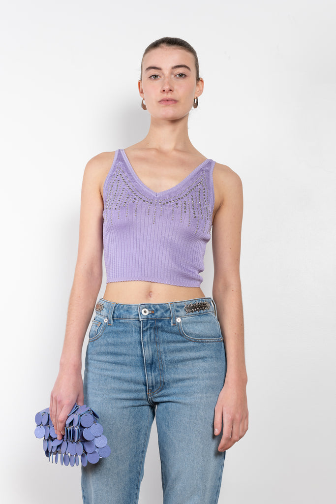 The Studded Top by Paco Rabanne is a delicate lilac top in a fluid viscose with fine studs